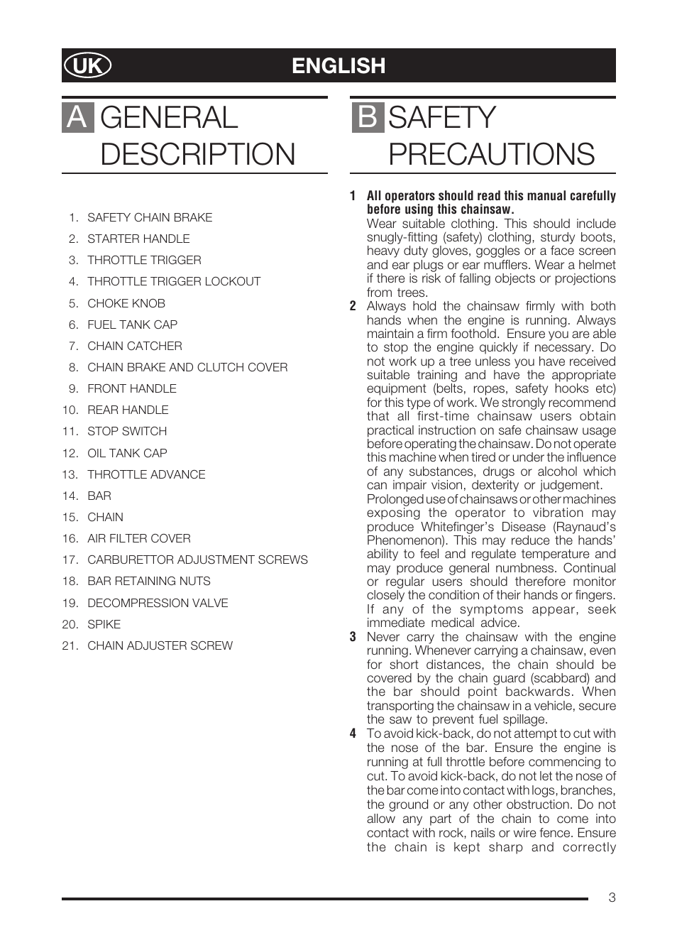Bsafety precautions, General description a, English | McCulloch PRO MAC 72 User Manual | Page 8 / 15