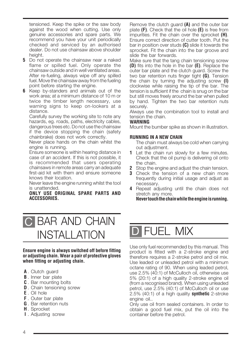 Bar and chain installation, Fuel mix | McCulloch PRO MAC 72 User Manual | Page 9 / 15