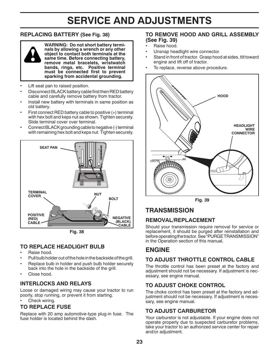 Service and adjustments, Engine, Transmission | McCulloch 96042011400 User Manual | Page 23 / 28