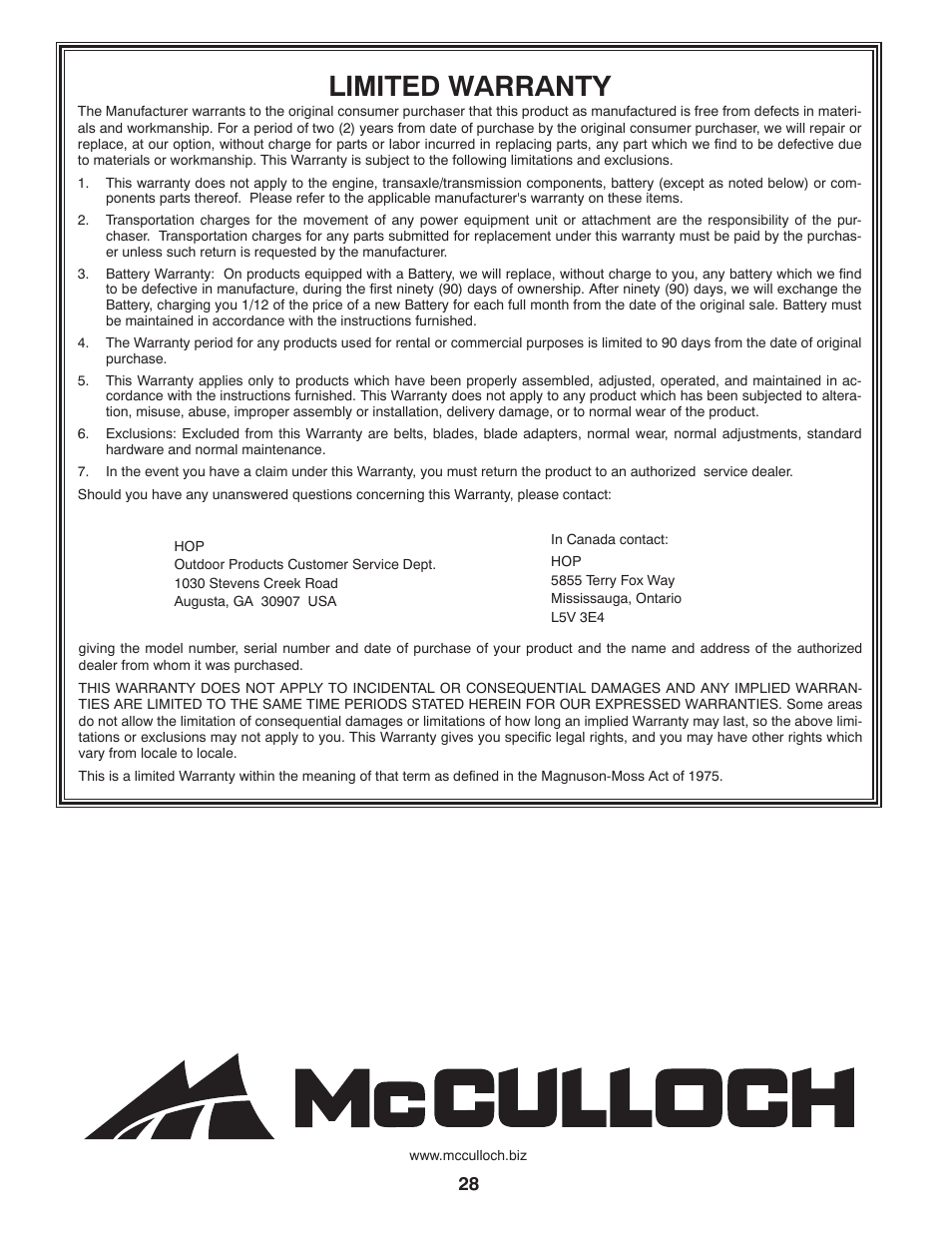 Warranty, Limited warranty | McCulloch 96042011400 User Manual | Page 28 / 28