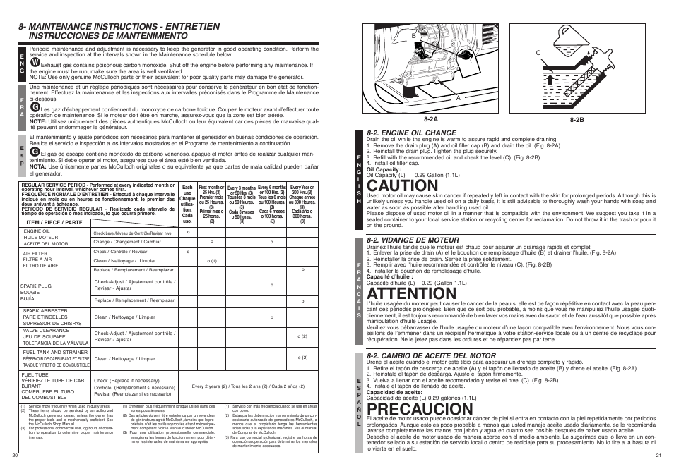 Caution, Attention, Precaucion | Entretien, Maintenance instructions, Instrucciones de mantenimiento | McCulloch FG6000MK User Manual | Page 11 / 27