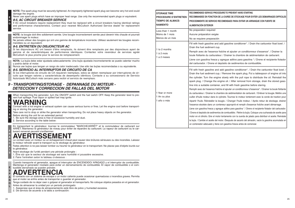 Warning, Avertissement, Advertencia | McCulloch FG6000MK User Manual | Page 13 / 27