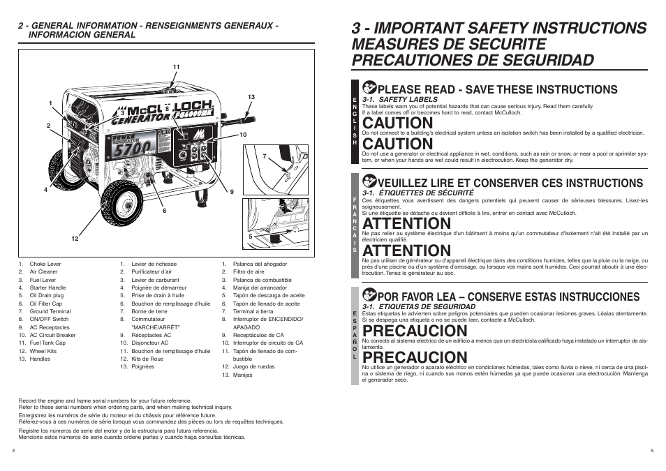 Caution, Attention, Precaucion | Please read - save these instructions, Veuillez lire et conserver ces instructions, Por favor lea – conserve estas instrucciones | McCulloch FG6000MK User Manual | Page 3 / 27