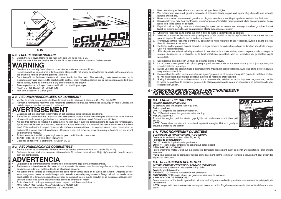 Warning, Avertissement, Advertencia | McCulloch FG6000MK User Manual | Page 7 / 27