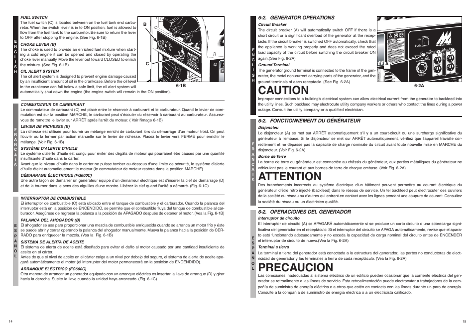 Caution, Attention, Precaucion | McCulloch FG6000MK User Manual | Page 8 / 27