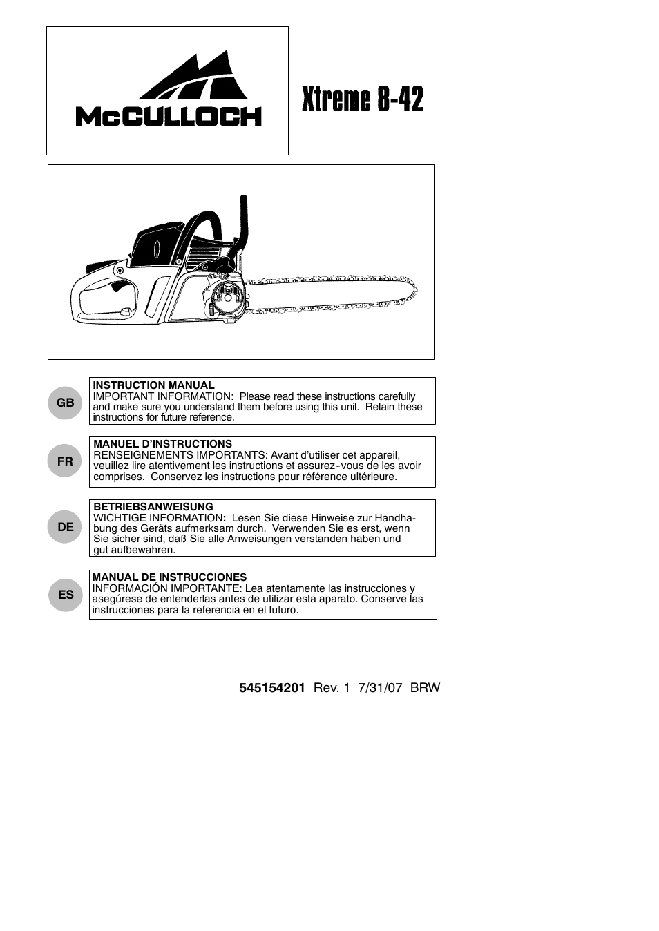 McCulloch XTREME Aug-42 User Manual | 17 pages