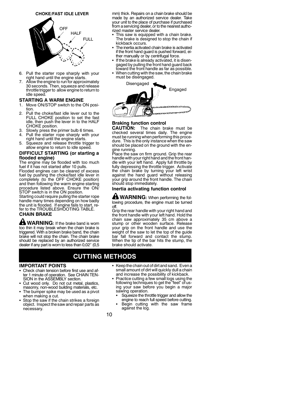 Cutting methods, Warning | McCulloch XTREME Aug-42 User Manual | Page 10 / 17