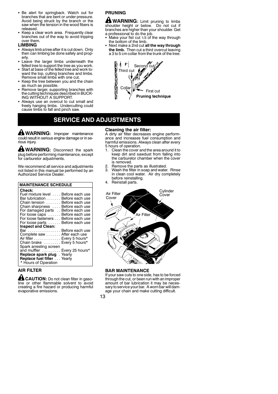 Service and adjustments, Warning | McCulloch XTREME Aug-42 User Manual | Page 13 / 17