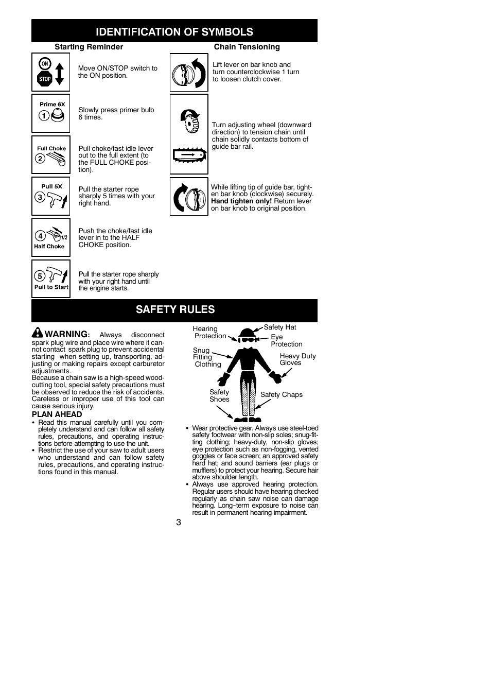 Identification of symbols, Safety rules, Warning | McCulloch XTREME Aug-42 User Manual | Page 3 / 17
