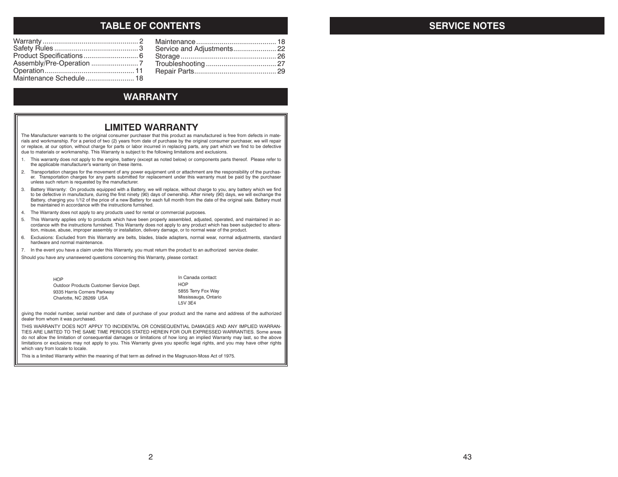 Table of contents warranty limited warranty | McCulloch MC30 User Manual | Page 2 / 22