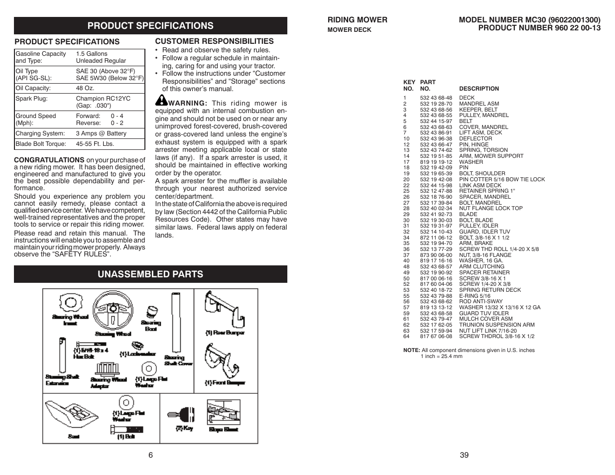 Product specifications unassembled parts | McCulloch MC30 User Manual | Page 6 / 22