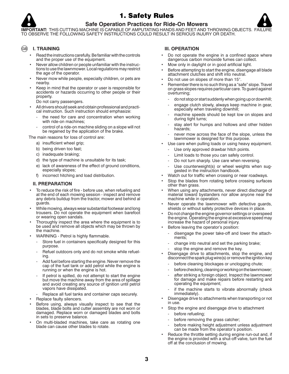Safety rules, Safe operation practices for ride-on mowers | McCulloch 96041012401 User Manual | Page 3 / 88