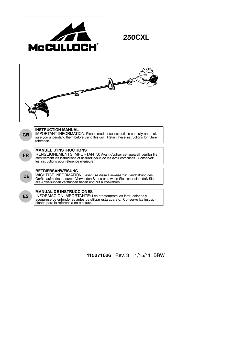 McCulloch 250CXL User Manual | 16 pages