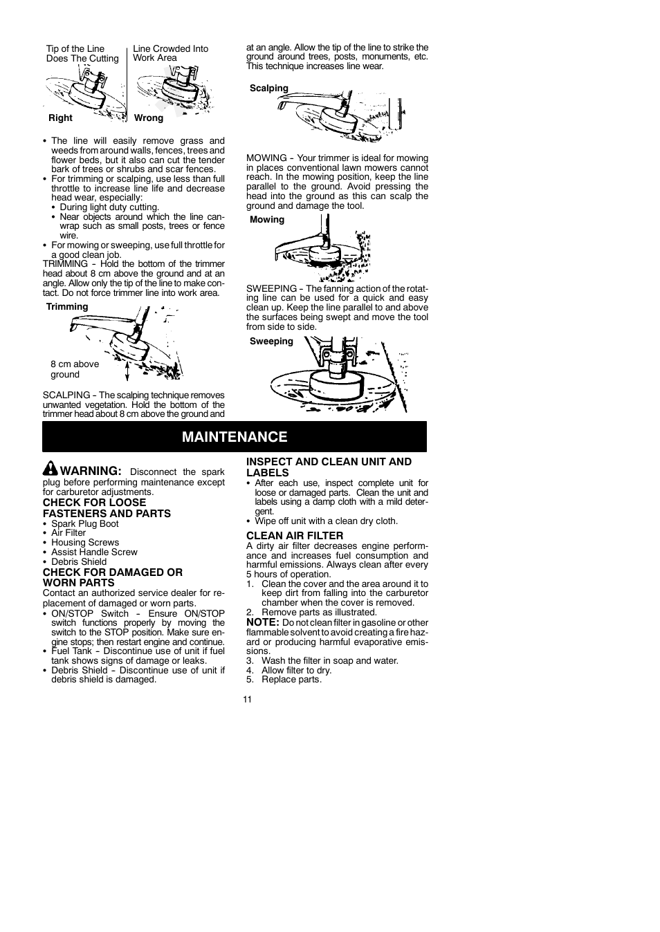 Maintenance, Warning | McCulloch 250CXL User Manual | Page 11 / 16