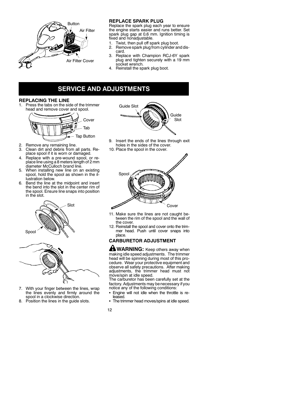 Service and adjustments, Warning | McCulloch 250CXL User Manual | Page 12 / 16