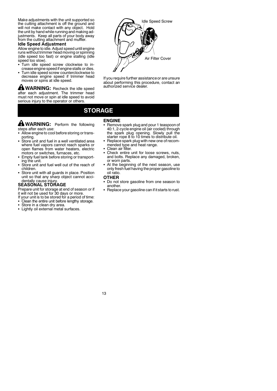 Storage, Warning | McCulloch 250CXL User Manual | Page 13 / 16