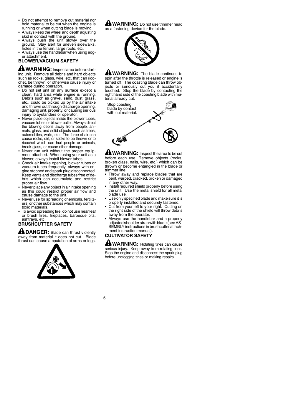 Warning, Danger | McCulloch 250CXL User Manual | Page 5 / 16