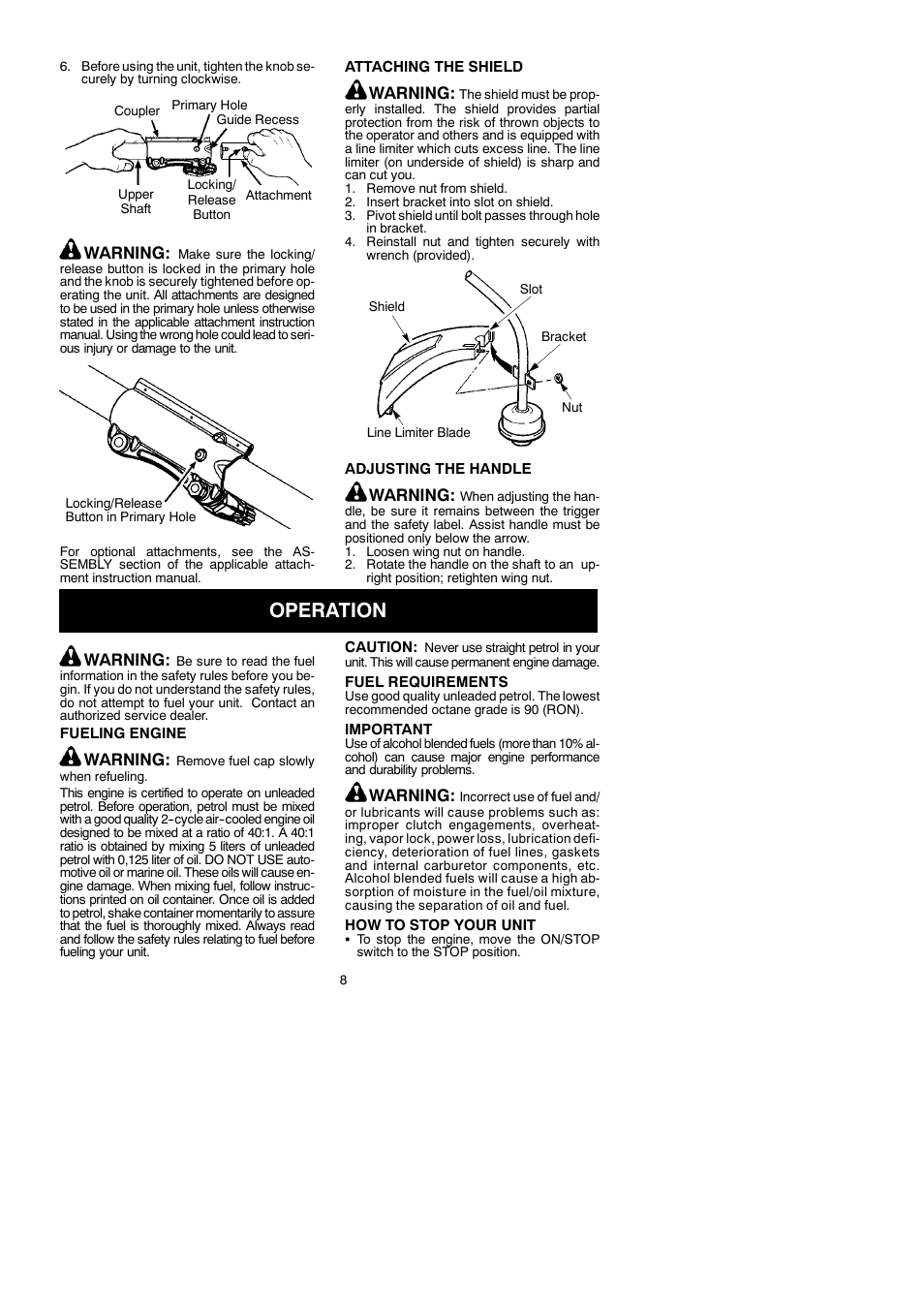 Operation, Warning | McCulloch 250CXL User Manual | Page 8 / 16