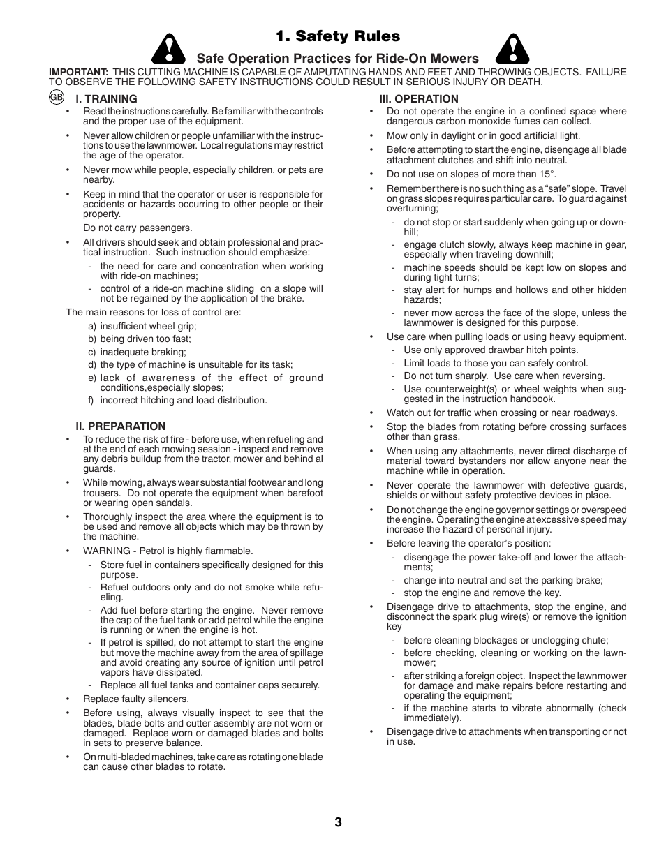 Safety rules, Safe operation practices for ride-on mowers | McCulloch 96041009101 User Manual | Page 3 / 76