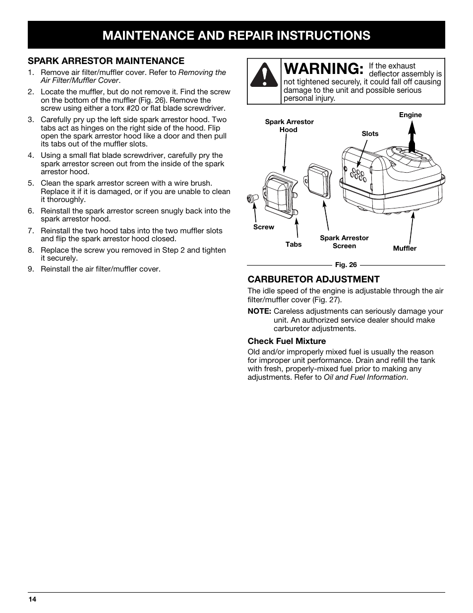 Warning, Maintenance and repair instructions | McCulloch MT700 User Manual | Page 14 / 64