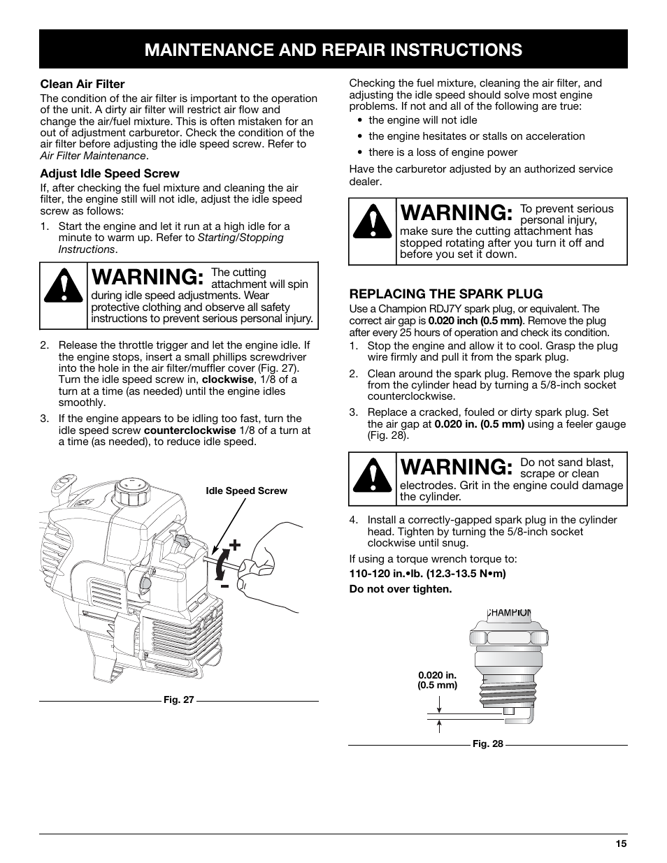 Warning, Maintenance and repair instructions | McCulloch MT700 User Manual | Page 15 / 64