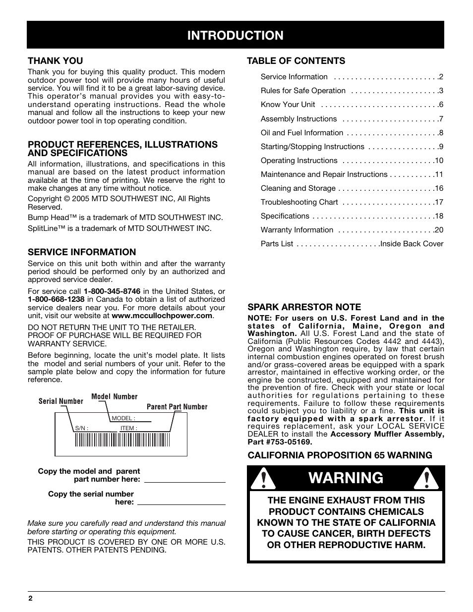 Warning, Introduction | McCulloch MT700 User Manual | Page 2 / 64