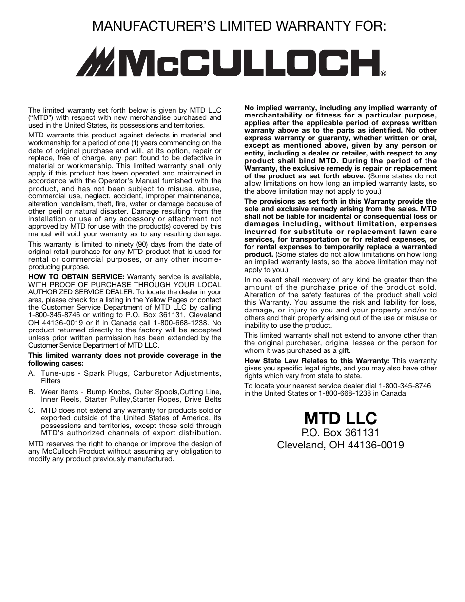 Mtd llc, Manufacturer’s limited warranty for | McCulloch MT700 User Manual | Page 20 / 64