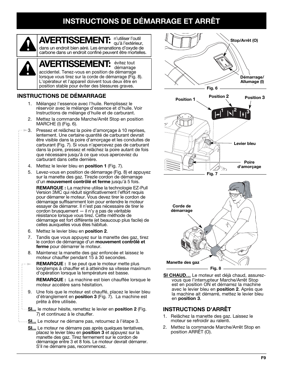 Avertissement, Instructions de démarrage et arrêt | McCulloch MT700 User Manual | Page 29 / 64