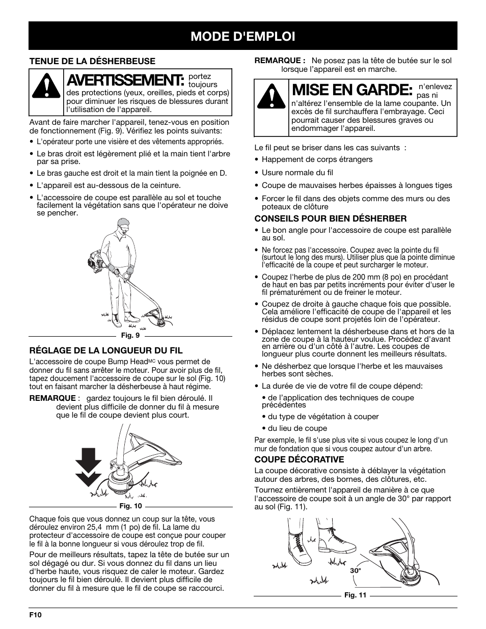 Avertissement, Mise en garde, Mode d'emploi | McCulloch MT700 User Manual | Page 30 / 64