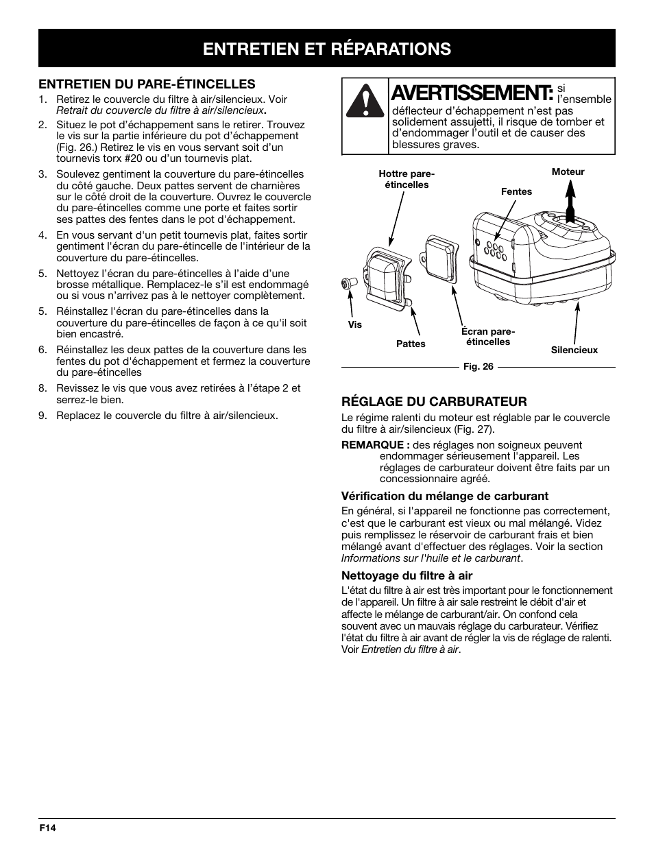 Avertissement, Entretien et réparations | McCulloch MT700 User Manual | Page 34 / 64