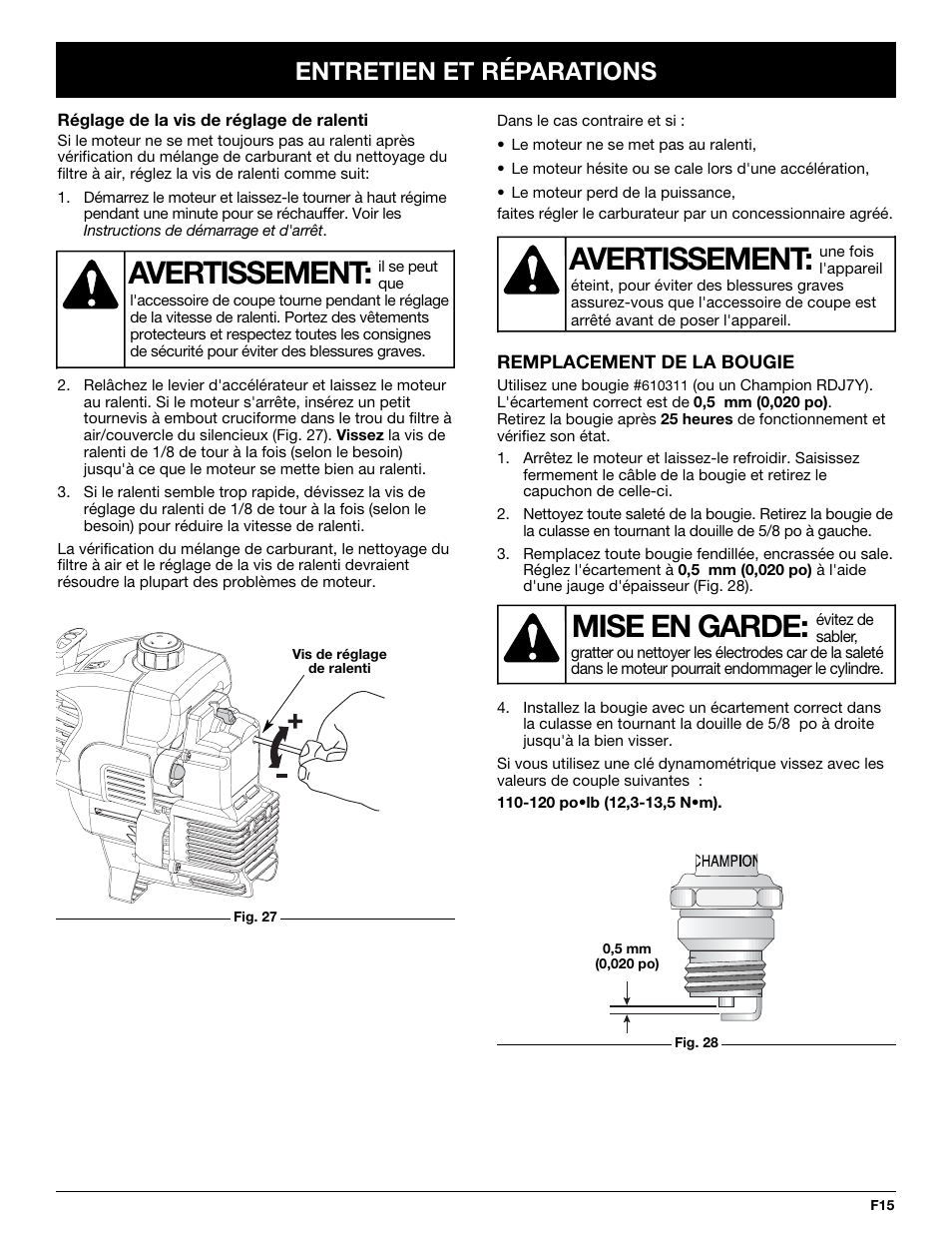 Avertissement, Mise en garde, Entretien et réparations | McCulloch MT700 User Manual | Page 35 / 64