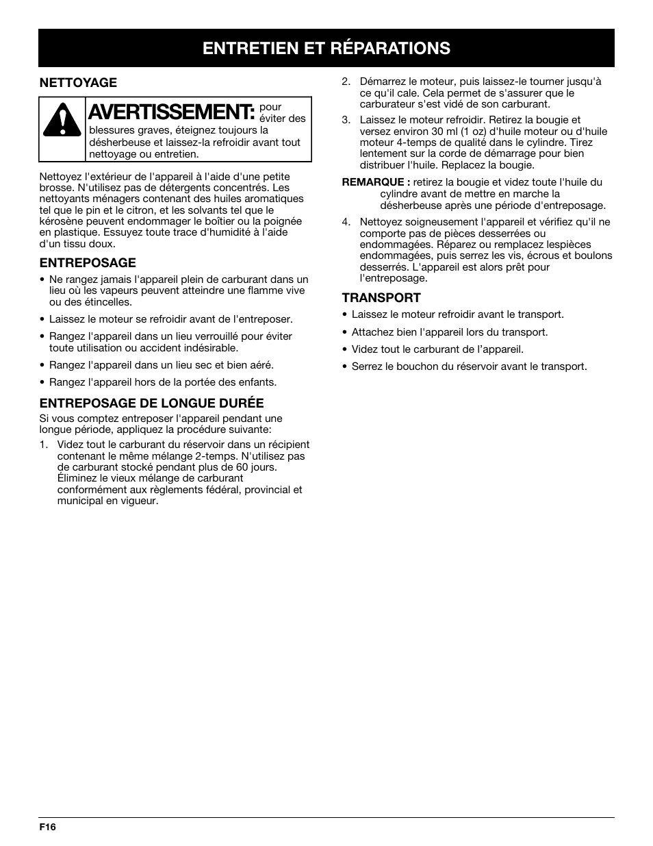 Avertissement, Entretien et réparations | McCulloch MT700 User Manual | Page 36 / 64