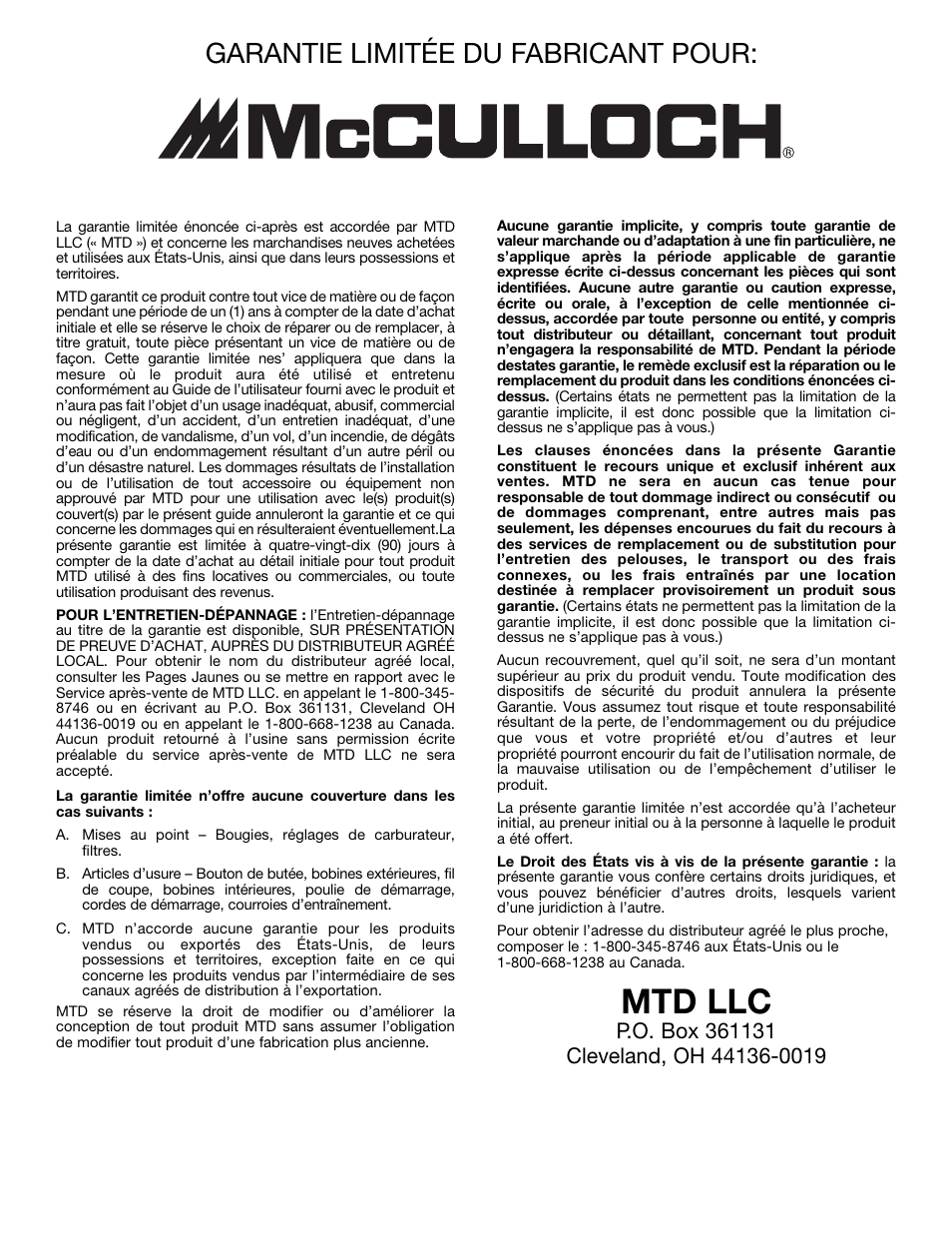 Mtd llc, Garantie limitée du fabricant pour | McCulloch MT700 User Manual | Page 40 / 64