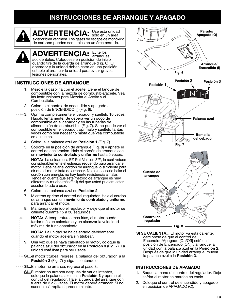 Advertencia, Instrucciones de arranque y apagado | McCulloch MT700 User Manual | Page 49 / 64