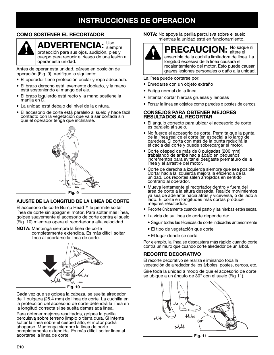 Precaucion, Advertencia, Instrucciones de operacion | McCulloch MT700 User Manual | Page 50 / 64