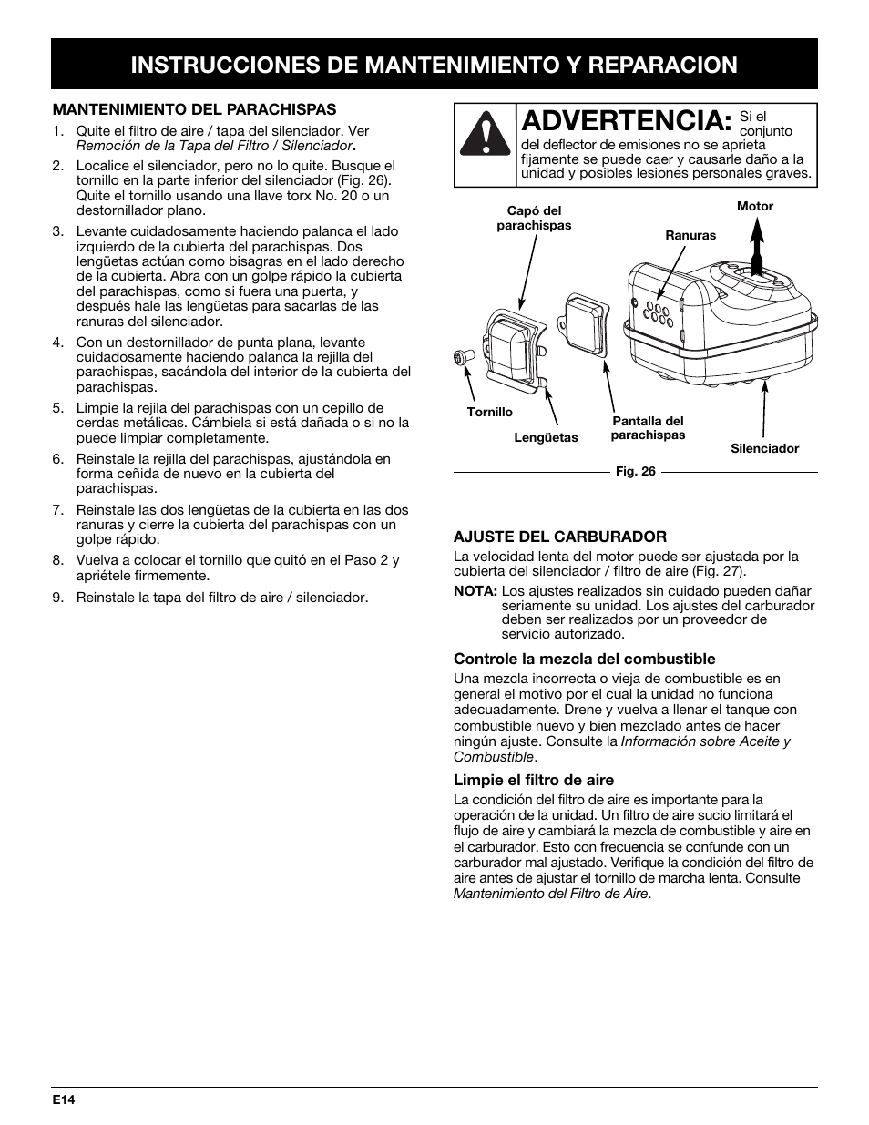 Advertencia, Instrucciones de mantenimiento y reparacion | McCulloch MT700 User Manual | Page 54 / 64