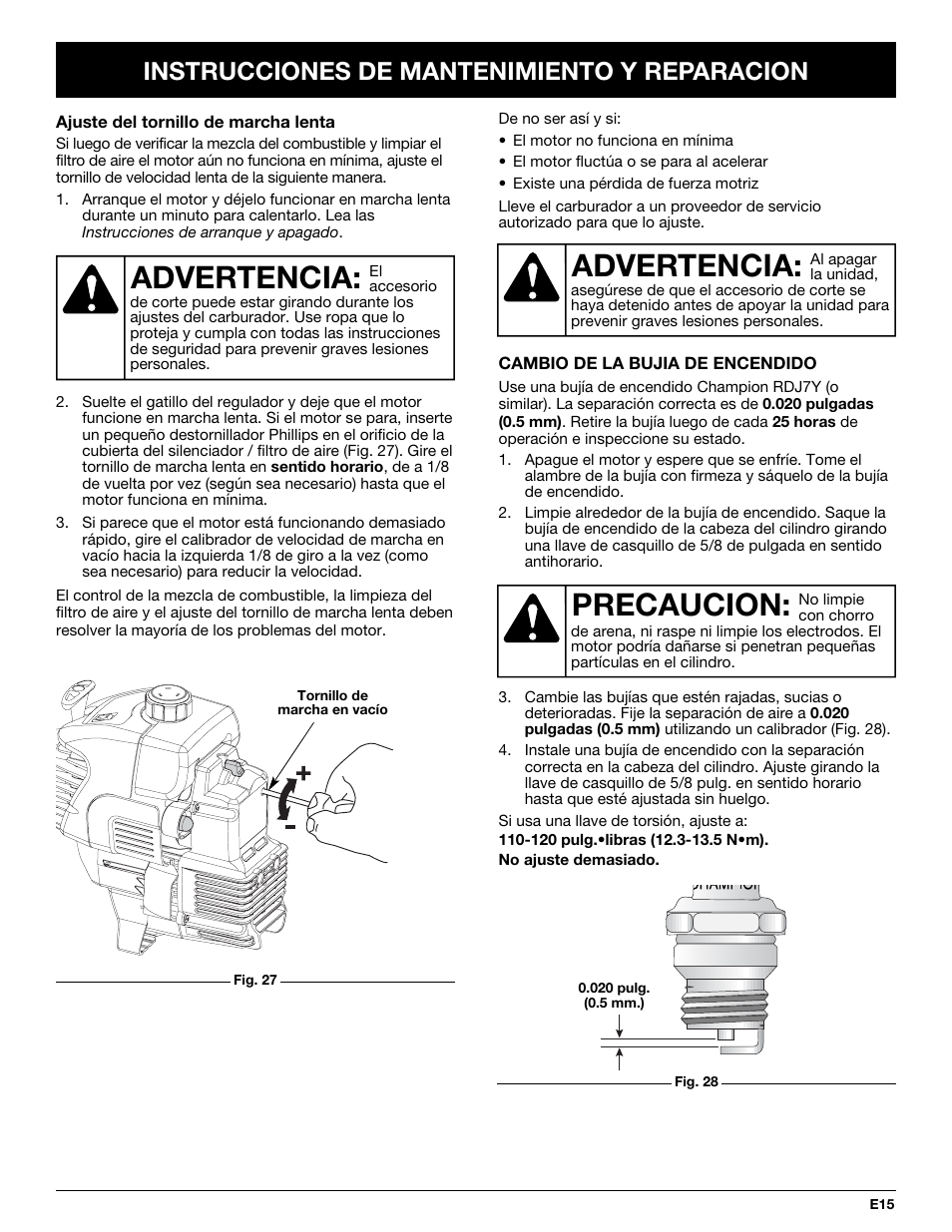 Advertencia, Precaucion, Instrucciones de mantenimiento y reparacion | McCulloch MT700 User Manual | Page 55 / 64