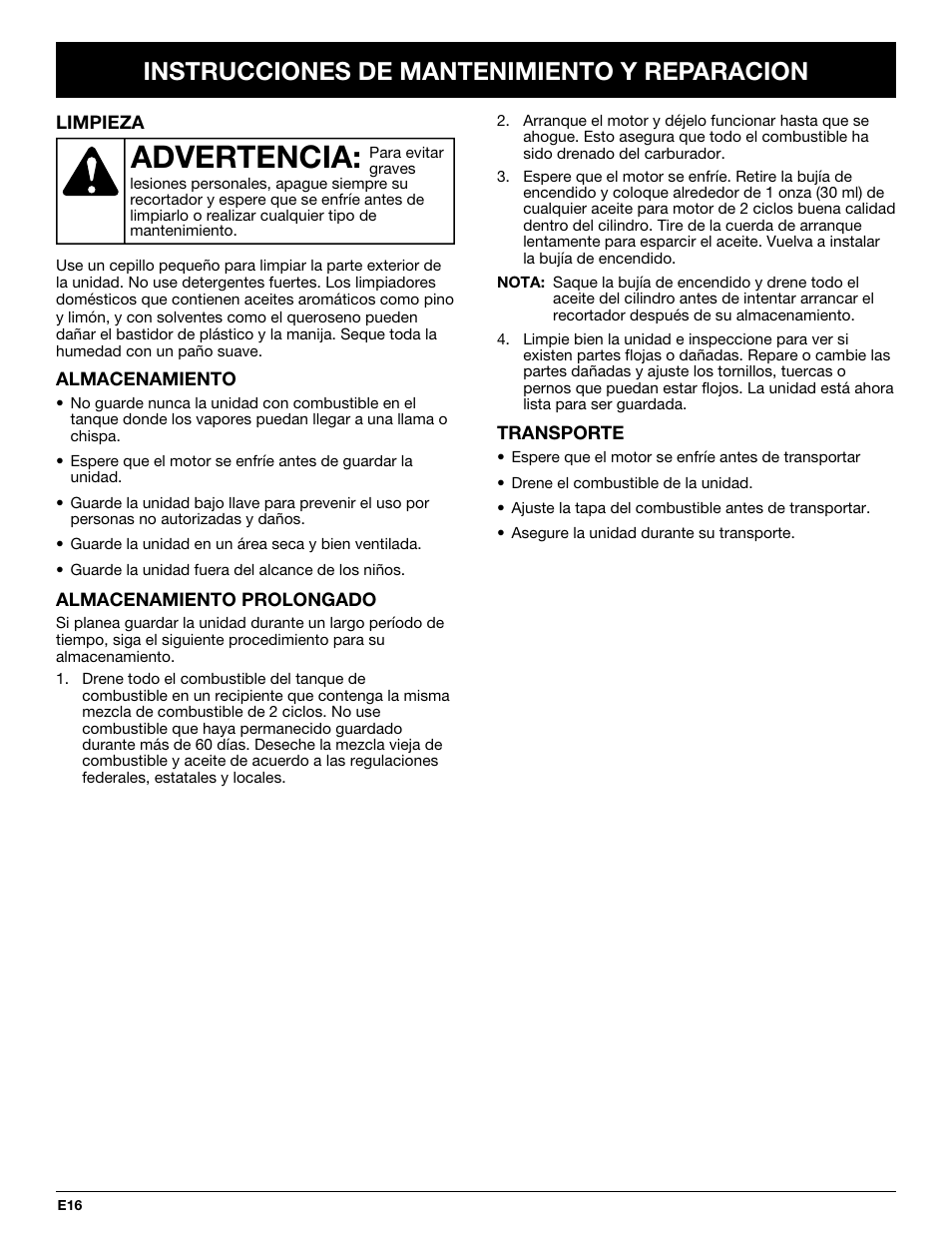 Advertencia, Instrucciones de mantenimiento y reparacion | McCulloch MT700 User Manual | Page 56 / 64