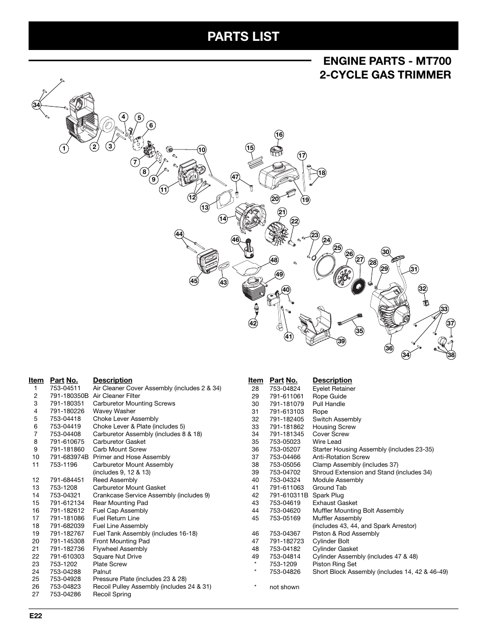 Parts list, Engine parts - mt700 2-cycle gas trimmer | McCulloch MT700 User Manual | Page 62 / 64