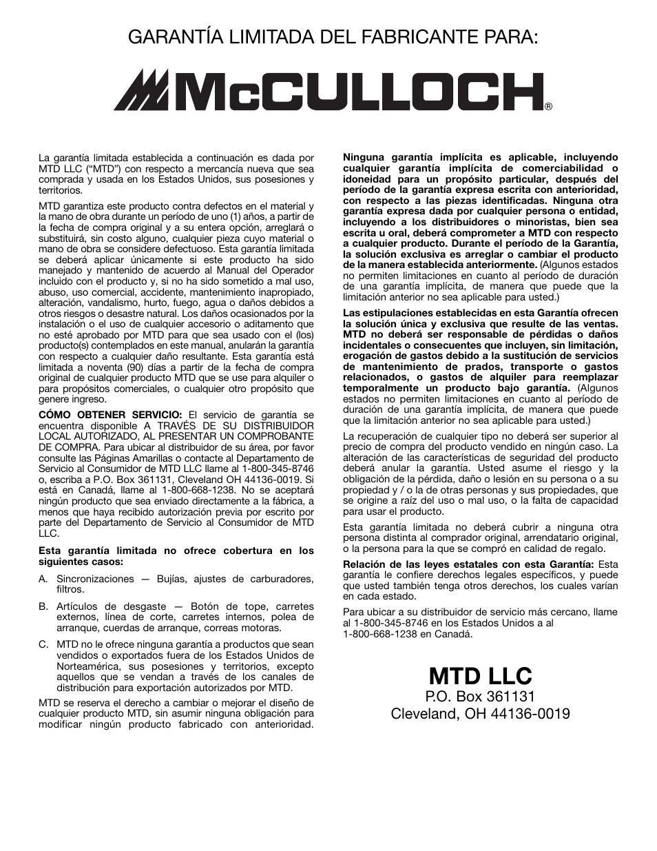 Mtd llc, Garantía limitada del fabricante para | McCulloch MT700 User Manual | Page 64 / 64