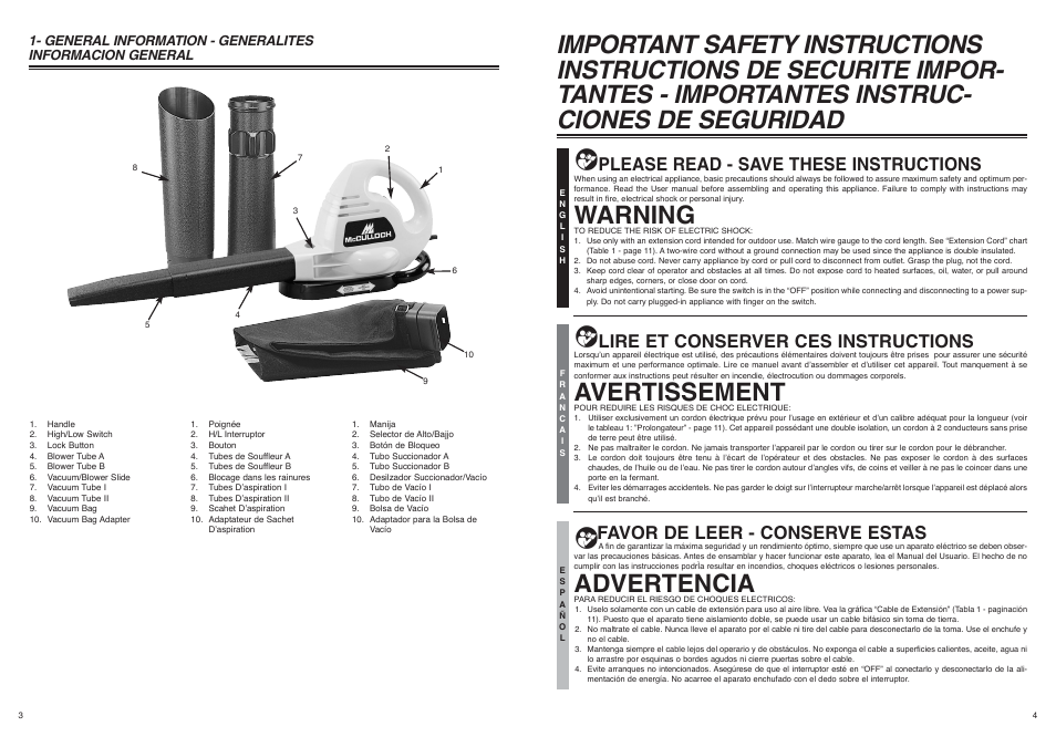 Warning, Avertissement, Advertencia | Please read - save these instructions, Lire et conserver ces instructions, Favor de leer - conserve estas | McCulloch 2205 User Manual | Page 3 / 8