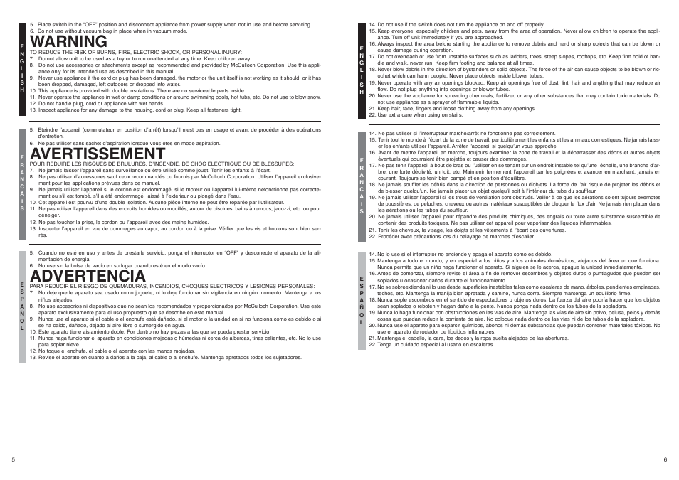 Warning, Avertissement, Advertencia | McCulloch 2205 User Manual | Page 4 / 8