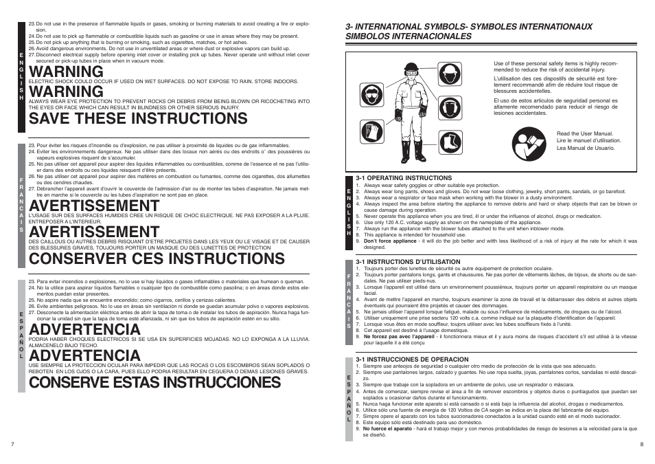 Warning, Save these instructions, Avertissement | Conserver ces instructions, Advertencia, Conserve estas instrucciones | McCulloch 2205 User Manual | Page 5 / 8