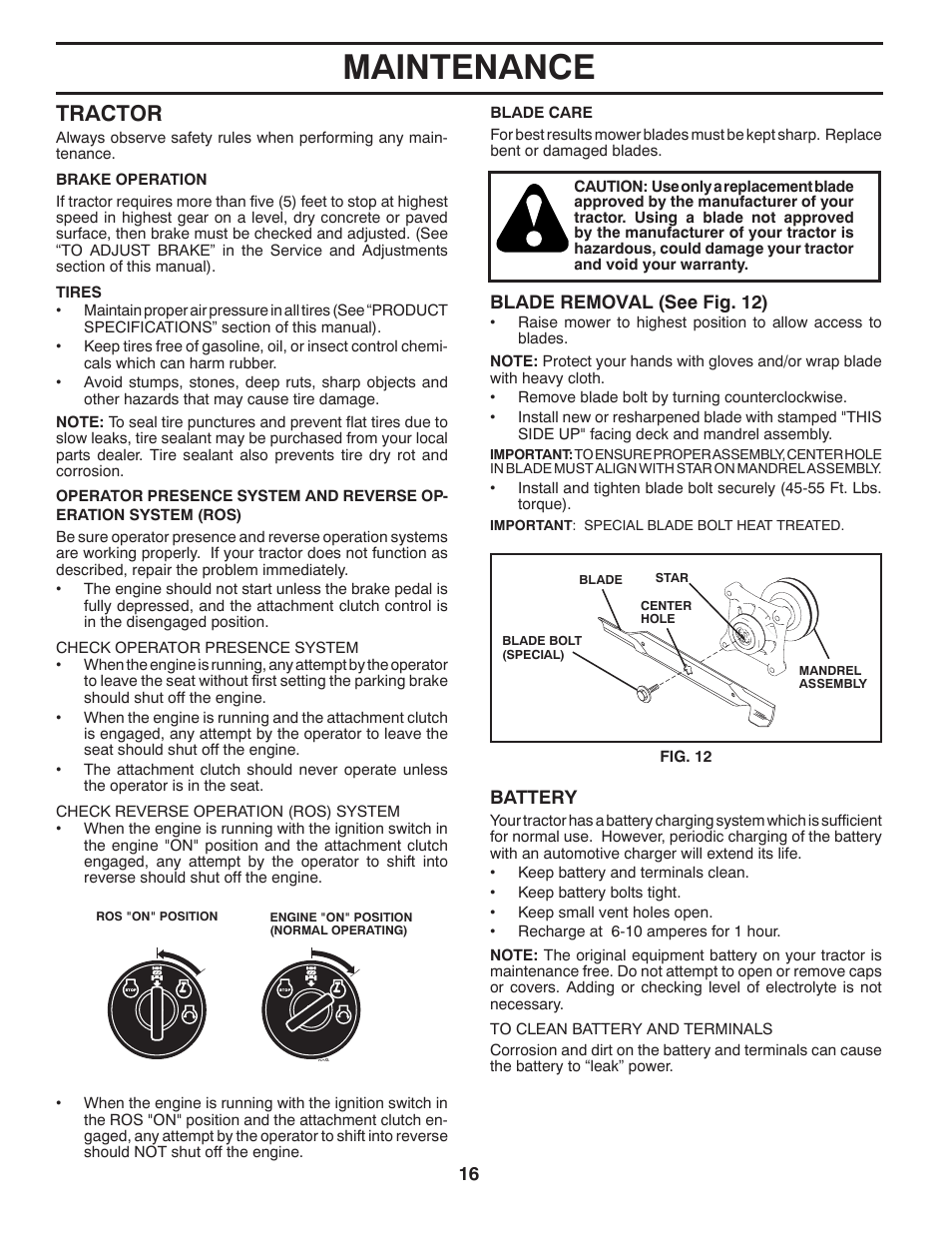 Maintenance, Tractor | McCulloch 422800 User Manual | Page 16 / 32