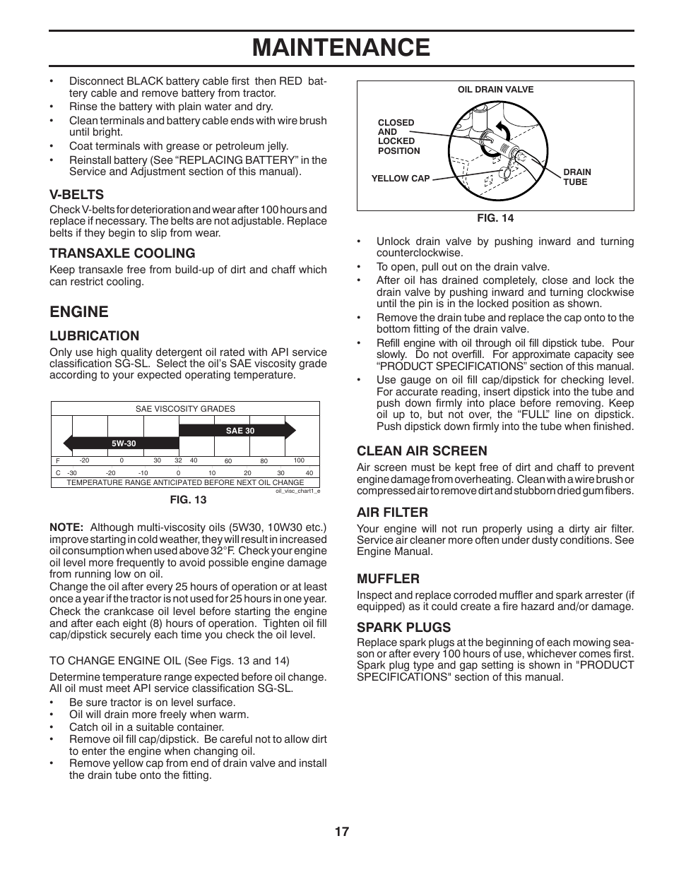 Maintenance, Engine, V-belts | Transaxle cooling, Lubrication, Air filter, Muffler, Spark plugs, Clean air screen | McCulloch 422800 User Manual | Page 17 / 32