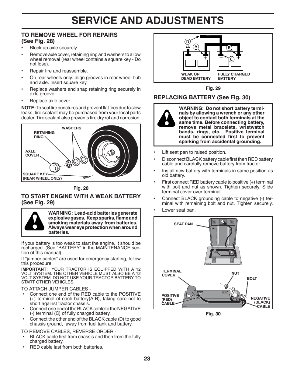 Service and adjustments, Replacing battery (see fig. 30) | McCulloch 422800 User Manual | Page 23 / 32