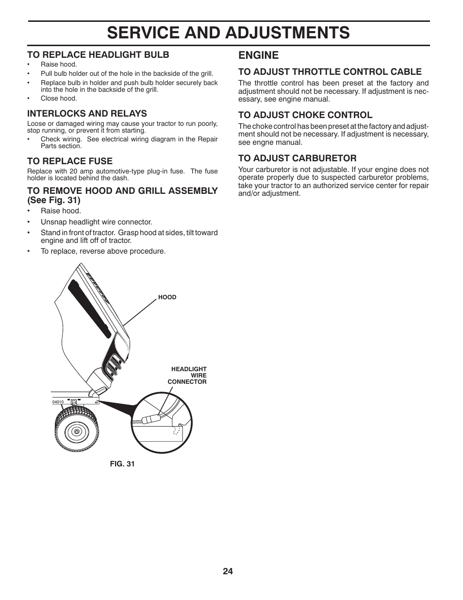 Service and adjustments, Engine | McCulloch 422800 User Manual | Page 24 / 32