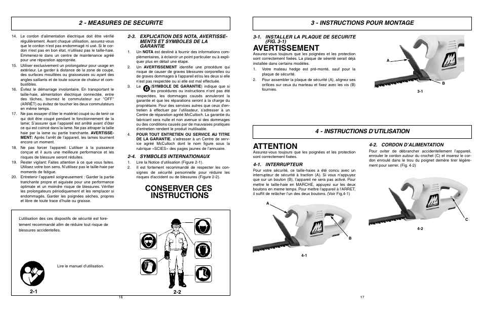 Conserver ces instructions, Avertissement, Attention | 2 - measures de securite, 3 - instructions pour montage, 4 - instructions d’utilisation | McCulloch MCT203A16 User Manual | Page 9 / 17
