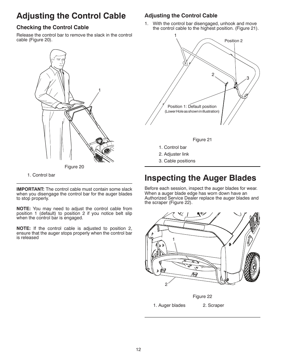 Adjusting the control cable, Inspecting the auger blades | McCulloch 96182000600 User Manual | Page 12 / 30