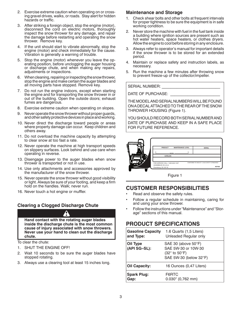 Product specifications, Customer responsibilities, Clearing a clogged discharge chute | Maintenance and storage | McCulloch 96182000600 User Manual | Page 3 / 30